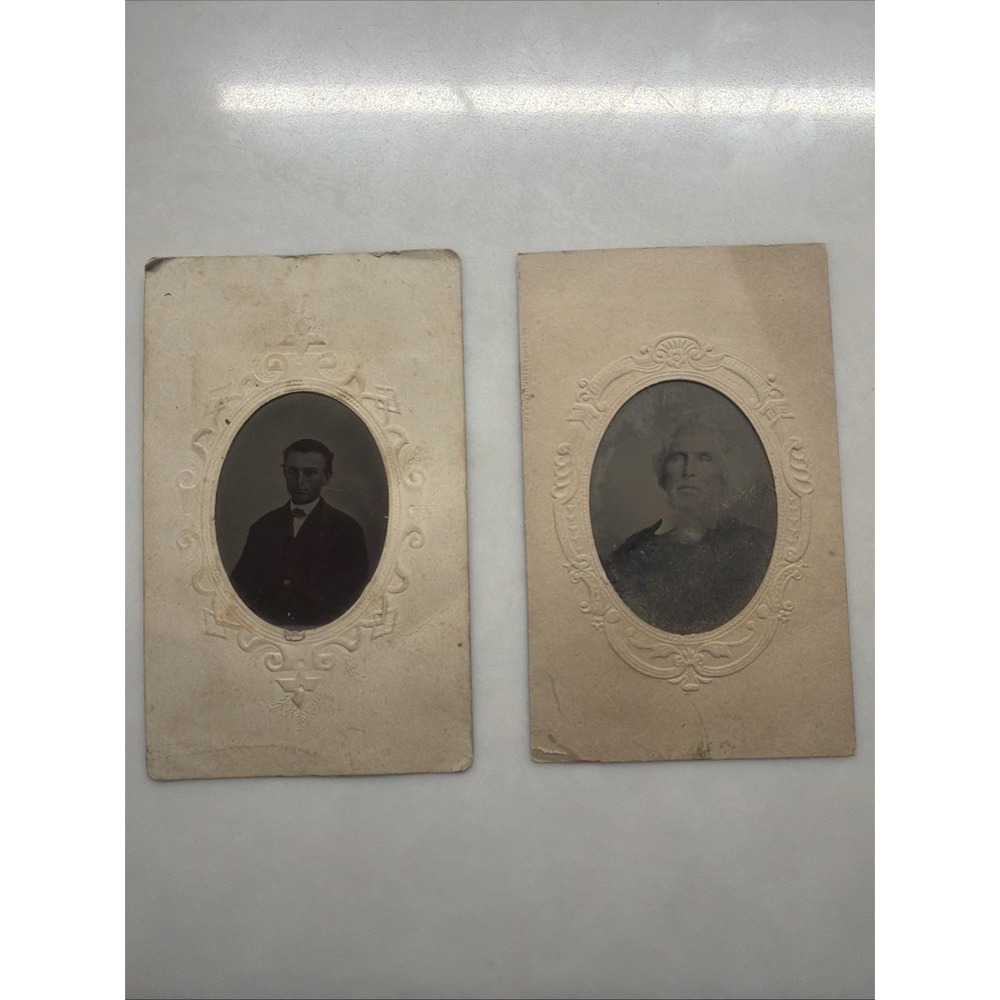 Antique Victorian Tintype Photos Lot 2 Ferrotype Portraits Paper Mats 1800s